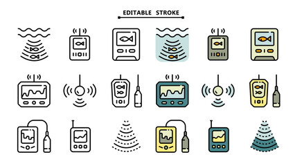 Fish finder icons set. Editable stroke. Depth finder. Fish searching. Digital echo sounder vector signs collection for web design isolated on white. Digital gadget, designed for web and app