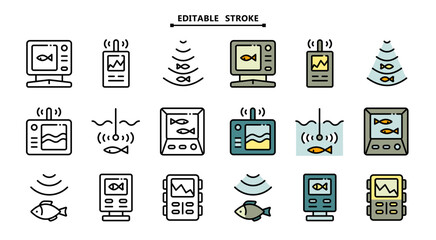 Fish finder icons set. Editable stroke. Depth finder. Fish searching. Digital echo sounder vector signs collection for web design isolated on white. Digital gadget, designed for web and app