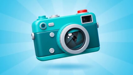 Vibrant cartoon camera with lens detail, showcasing sparkling effects and dynamic angles, capturing the essence of photography in a playful visual narrative