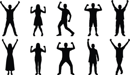 Silhouettes of people in triumphant and celebratory poses with raised arms, expressing victory, empowerment, excitement, and positive emotion
