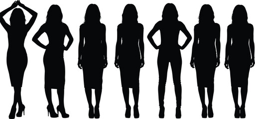 Silhouettes of seven women in stylish standing poses wearing dresses and heels, showcasing fashion posture and body language