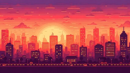 Vibrant Pixel Art City Sunset Skyline perfect for game background, website banner, app design, social media graphic, presentation slide, digital wallpaper