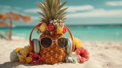 A colorful pineapple wearing sunglasses and headphones sits on the sand surrounded by bright flowers. The beach and ocean create a relaxing backdrop on a sunny day.
