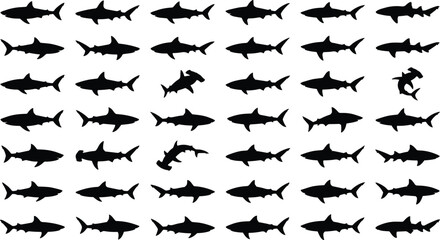 Silhouettes of sharks in varied poses including hammerhead and circular pair, showcasing species diversity and visual pattern contrast