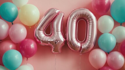 Balloons in various colors surround shiny numbers representing 40 on a pink background. This scene captures the excitement of a festive celebration marking a special milestone.