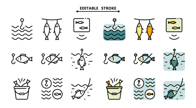 Various fishing related icons set. Editable stroke. Fishing Vector Color Icons. Catch seafood symbols. Vector Illustration. Isolated on White Background.