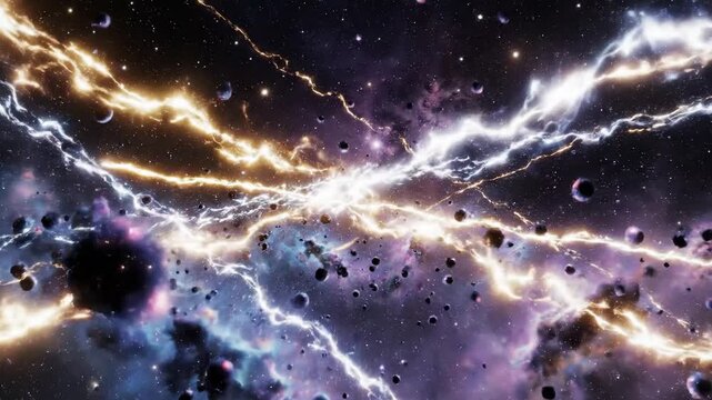 Cosmic Energy Arcs Through Asteroid Field and Nebula in Deep Space