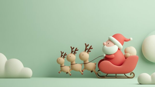 A joyful Christmas concept of growth and collaboration, featuring Santa Claus flying his sleigh with three reindeer in a minimalist 3D style.