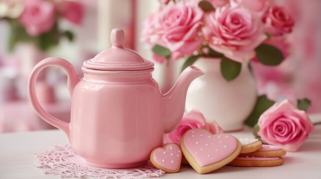 A lovely pink teapot sits next to heart shaped cookies and a bouquet of fresh roses. The scene creates a warm and inviting atmosphere perfect for tea time. - Powered by Adobe