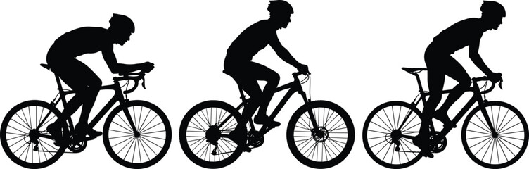 Silhouettes of three cyclists riding road, mountain, and hybrid bikes in distinct postures, showcasing cycling styles and equipment diversity