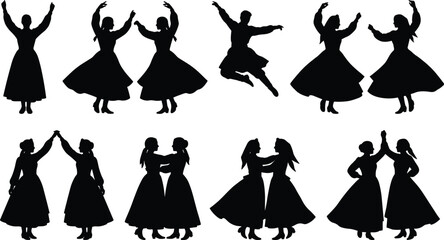 Silhouettes of traditional folk dancers in dynamic group and solo poses, showcasing cultural movement, coordination, and expressive dance styles