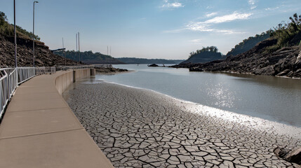 Drought-stricken reservoir with cracked earth patterns, receding water line visible on concrete walls, abandoned docks. Shortage of drinking water.