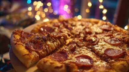 A freshly baked pepperoni pizza sits on a wooden platter slices cut and ready to enjoy. Colorful lights twinkle in the background adding to the cheerful atmosphere of the gathering.