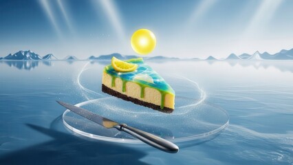 A slice of lemon cheesecake levitates above a frozen lake, illuminated by a bright sun, with a knife resting on the ice, creating a surreal and refreshing dessert scene