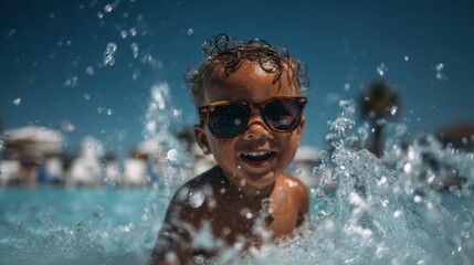 A joyful young boy plays in the pool surrounded by splashes of water. He has curly hair and wears stylish sunglasses while smiling in the warm sunlight.