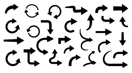 Collection of various black arrow icons including curved, straight, circular, and bent shapes