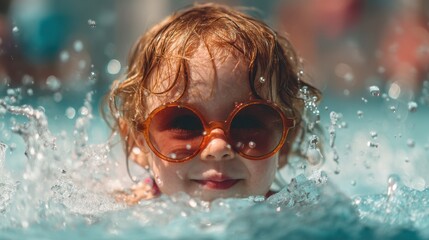 A cheerful child enjoys the cool water while swimming in a bright pool. Sunlight glimmers on the water's surface as droplets splash around highlighting their playful spirit.
