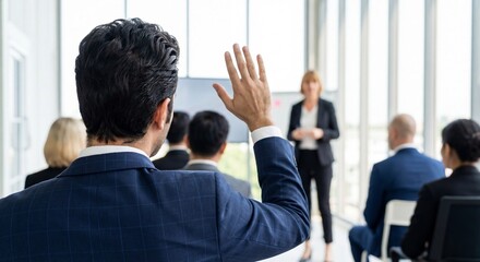 Businessman raising his hand to ask a question during a business seminar