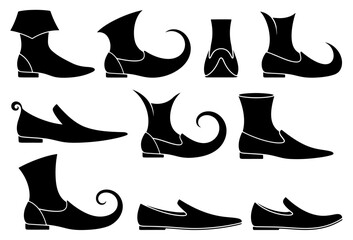Fototapeta premium Collection of old medieval fantasy shoe and boot silhouettes with pointed toes