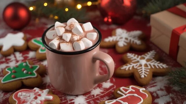 Ein Becher hei&szlig;er Schokolade, garniert mit Marshmallows