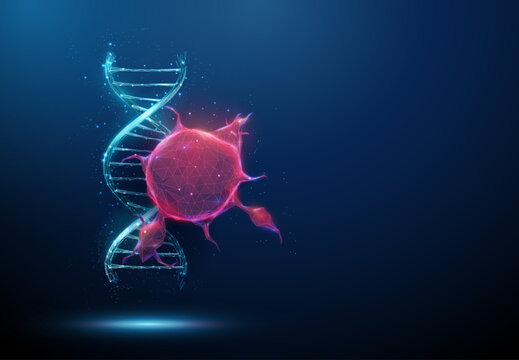 Red tumor with blue DNA. Cancer research, genetic analysis, molecular diagnostics, oncology study, precision medicine, biomedical investigation concept.