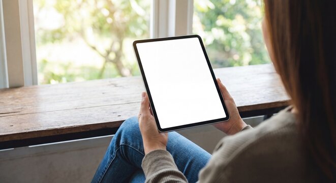 Woman holding a digital tablet with a blank white screen mockup