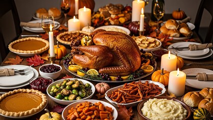 Festive Thanksgiving holiday dinner table with roasted turkey and side dishes.