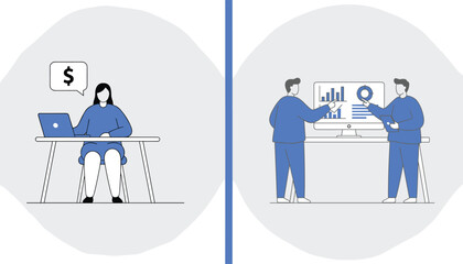 Financial planning and accounting processes demonstrated by a woman working on a budget with money symbols and two men analyzing performance charts