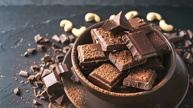 A ceramic bowl filled with broken dark chocolate pieces dusted with cocoa powder with cashews and shavings scattered on a dark surface