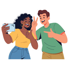 Fototapeta premium Young african female and caucasian male friends taking a selfie and gesturing peace sign