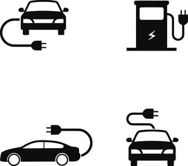 electric car, EV, charging, station, plug, cable, vehicle, automobile, energy, power, technology, icon, symbol, set, collection, illustration, graphic, design, silhouette, modern, clean, sustainable, 