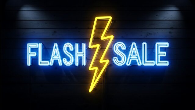 Blue neon flash sale text with yellow lightning bolt on dark wood sign - Powered by Adobe