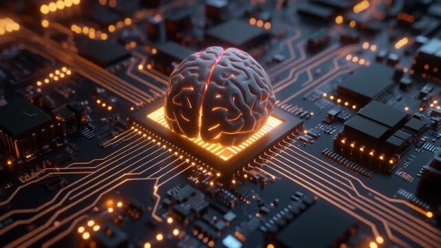 Illuminated brain resting on a cpu surrounded by intricate circuit board patterns and components