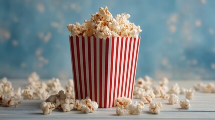 A vibrant red and white striped container holds fluffy popcorn while scattered kernels surround it on a wooden surface. The soft blue background adds a festive touch to this snack.