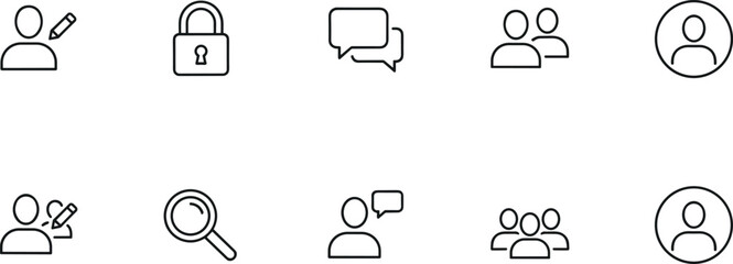 Minimalist vector line icon set for user interface design featuring profile management, security, chat, groups, search, and user interaction symbols for web and mobile apps.