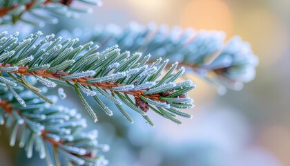 A close-up of a frosted evergreen fir branch with delicate ice crystals on a cold winter day.