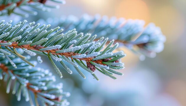 A close-up of a frosted evergreen fir branch with delicate ice crystals on a cold winter day. - Powered by Adobe