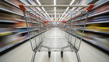Shopping cart moving quickly through a supermarket aisle © umut hasanoglu