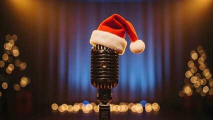 Classic microphone with Santa hat on stage for Christmas music or holiday event performance