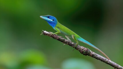 Brilliant blue-headed reptile perches on a small weathered branch against a soft green background