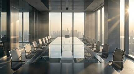 Modern empty conference room with a city skyline view at sunrise