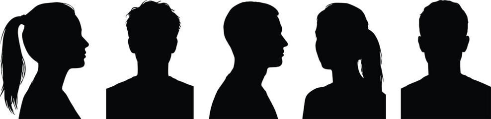User Profile Silhouettes, Anonymous People Heads, Diverse Group Side and Back View, Adult Male and Female Black Avatars, Digital Graphics for Identity, Social Media.