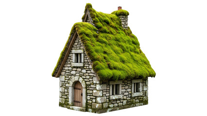 a small stone house with moss growing on the roof cutout, isolated on white or transparent background. PNG