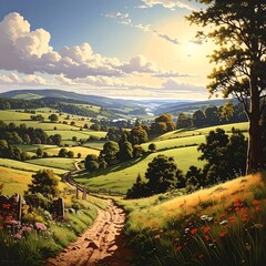 Naklejka premium Scenic country road through lush fields