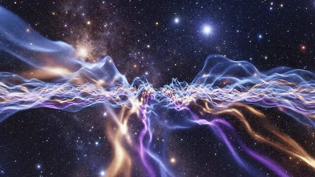 Abstract Glowing Energy Waves Flowing in Starry Deep Space Background