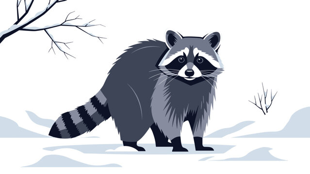 Raccoon standing in the snow beside barren trees in winter  