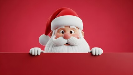Funny 3D render of Santa Claus peeking over a blank red banner placeholder with copy space