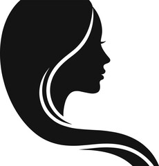 Woman profile silhouette, elegant hair flow design, beauty and fashion icon, black figure illustration, white background concept