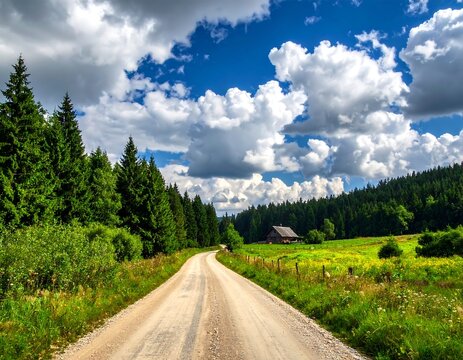 Scenic country road winding through a lush forest landscape under a partly cloudy sky