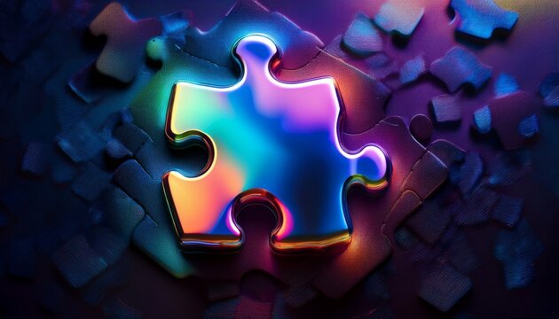 iridescent puzzle piece against dark textured backdrop conceptual unity